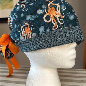 Blue and Orange Octopus Print Scrub cap with Ribbon